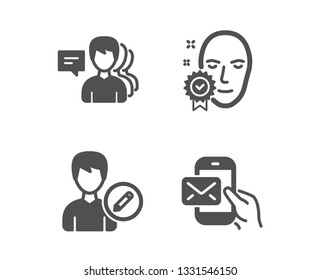 Set of People, Face verified and Edit person icons. Messenger mail sign. Support job, Access granted, Change user info. New e-mail.  Classic design people icon. Flat design. Vector
