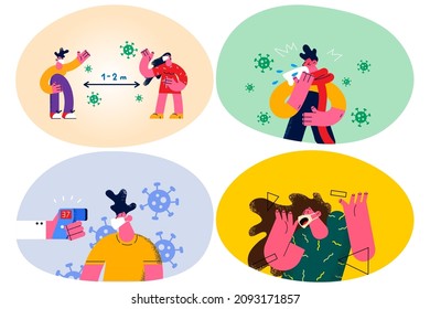 Set of people in facemask protect from covid-19 take measures against pandemic. Men and women in facial masks fight with corona virus, keep social distance. Coronavirus. Vector illustration. 