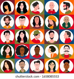 Set of people faces, avatars of men and women. Flat vector icons.