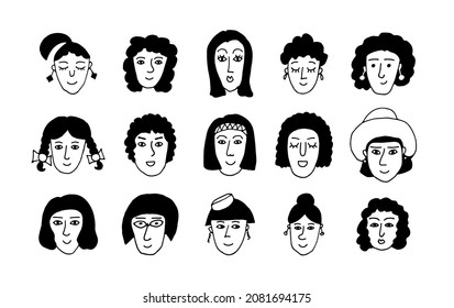 Set of people faces. Doodle style. Hand drawn vector illustration. Isolated portraits of women in black and white color. Cartoon character. Line Art.