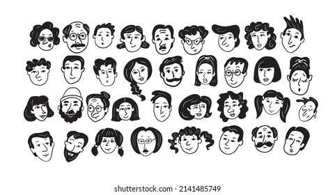 Set of people faces hand drawn in doodle style.Black lines and silhuette.Social network concept.Vector illustration.	