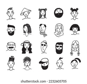 Set of people faces hand drawn in doodle style. Black lines and silhuette. Social network concept.