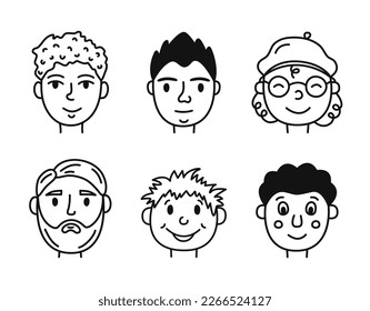 Un conjunto de caras de personas. Hand dibujó adorables avatares de hombres y niños. Simple ilustración vectorial aislada en estilo doodle.