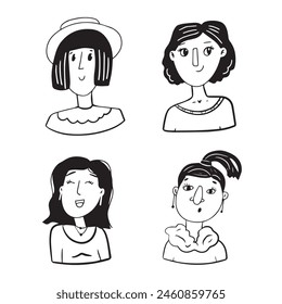 Set of people faces hand drawn in doodle style.Black lines and silhuette.Social network concept.Vector illustration.