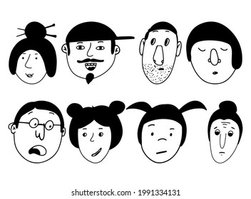 Set of people faces. Heads of men and women with emotions. Linear elements. Hand drawn vector illustration. Isolated objects on a white background.
