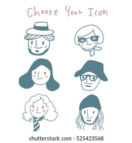 Set of people faces. Men and women face icon. Hipsters. Vector illustration. Doodle style.