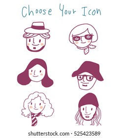 Set of people faces. Men and women face icon. Hipsters. Vector illustration. Doodle style.