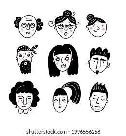 Set of people faces for social media. Doodle black on white portraits of men nad women, girls and guys. Trendy hand drawn head icons collection. Vector illustration.