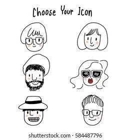 Set of people faces such as girl with bob hairstyle and glasses, woman with sunglasses and long wavy hair, man with beard and beanie . Men and women face icon. Vector illustration with doodle style.