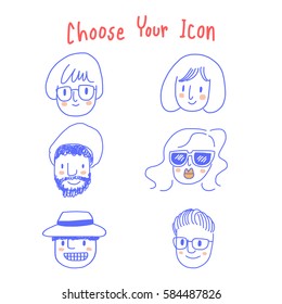 Set of people faces such as girl with bob hairstyle and glasses, woman with sunglasses and long wavy hair, man with beard and beanie . Men and women face icon. Vector illustration with doodle style.