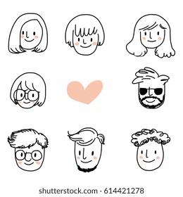 Set of people faces such as man and woman face icon. Vector illustration with hand-drawn style.