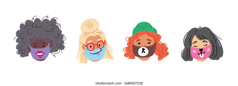 Set of people faces wearing cute breathing face masks. Cute stylish collection of breathing face masks with smiling faces. Modern covid-19 concept illustration of people social isolation. coronavirus