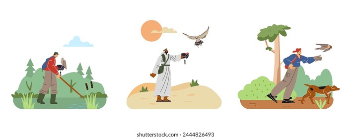 Set of people falconry flat style, vector illustration isolated on white background. Decorative design elements collection, man with falcon on hand, free flying huge bird