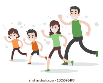 Set of People  Family Character, people running wearing protective face masks Medical Health care concept, cartoon character flat design vector on white background.