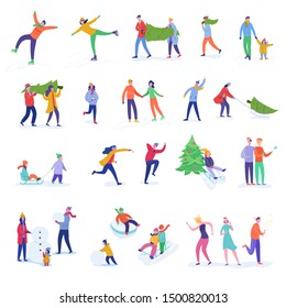 Set of People Family characters dancing, celebrating, playing snowball, skiing. Merry Christmas and Happy New Year night. Winter Xmas Party women and men template. Vector illustration