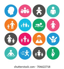 Set of People and Family icons. Swimming pool, Love and Children signs. Mother, Father and Pregnant woman symbols. Colored circle buttons with flat signs. Vector