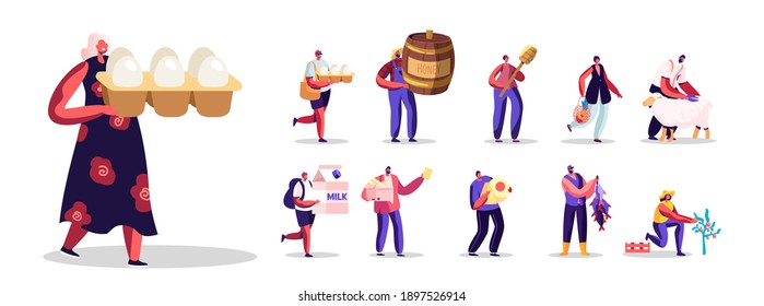 Set of People with Farm Products. Male and Female Characters Buying Ecological Fresh Eggs, Honey, Dairy Production, Fish, Wool and Vegetables Isolated on White Background. Cartoon Vector Illustration