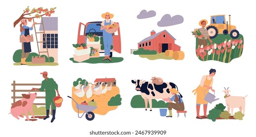 Conjunto de trabajadores agrícolas. Granjeros felices cosechando cosechas, ordeñando vacas, alimentando animales agrícolas y regando los jardines en el pueblo. Ilustraciones vectoriales planas de dibujos animados aisladas sobre fondo blanco