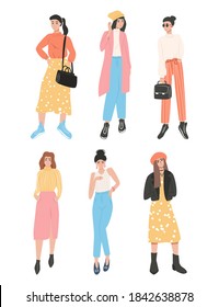 Set of people in fashion clothes. Women carrying purses flat cartoon illustration. Fashionable people taking part in seasonal sales, shopping.