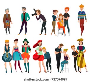 Set of people in fashion industry including models, designer, stylist photographer, makeup artist isolated vector illustration