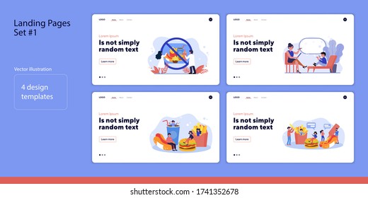 Set of people with fast-food. Flat vector illustrations of men and women eating, dieting, consulting doctor. Nutrition and health concept for banner, website design or landing web page