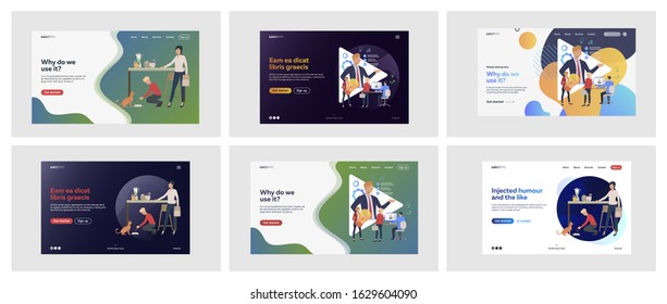 Set of people feeding cat and creating ideas. Flat vector illustrations of men and women working or care for pet. Day-to-day activity concept for banner, website design or landing web page