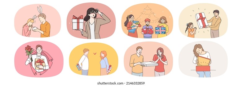 Set of people feel excited with presents and giftboxes. Collection of men and women receive gifts for birthday or special occasion. Greeting and celebration. Flat vector illustration. 