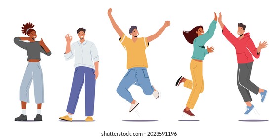 Set of People Feeling Positive Emotions, Giving Highfive, Show Ok Gesture, Jumping with Raised Arms and Showing Thumb Up. Joyful Male and Female Characters in Good Mood. Cartoon Vector Illustration