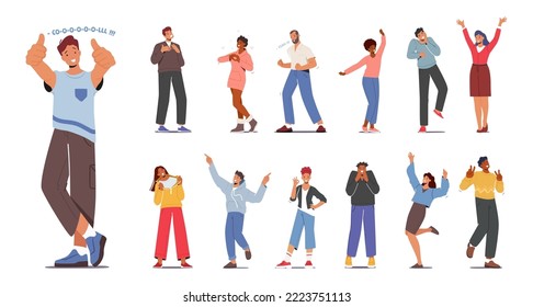 Set of People Feeling Positive Emotions, Giving High-five, Show Ok Gesture, Jumping with Raised Arms and Showing Thumb Up. Joyful Male and Female Characters in Good Mood. Cartoon Vector Illustration