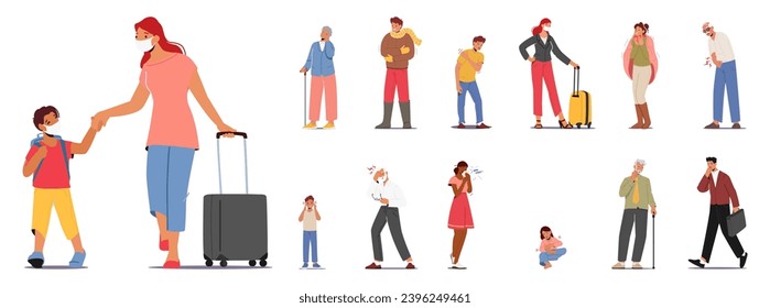 Set of People Feeling Unwell. Children, Oldies and Adult Characters Travel and Walk with Face Masks. Men, Women and Kids Sneezing, Coughing due to Sickness. Cartoon Vector Illustration