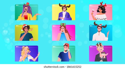 set people in festive hat celebrating new year and christmas holidays men women in web browser windows having fun online communication concept horizontal portrait vector illustration