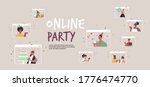 set people in festive hats celebrating online birthday party mix race men women in computer windows celebration self isolation quarantine concept portrait horizontal copy space vector illustration