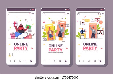 set people festive hats celebrating online birthday party mix race men women in smartphone screen having fun celebration self isolation virtual meeting concept horizontal copy space vector