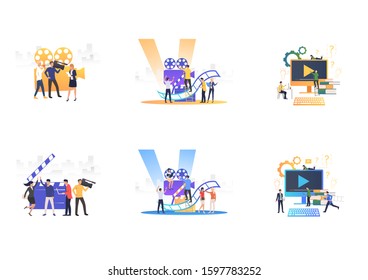 Set of people filming. Flat vector illustrations of camera crew making TV show. Mass media concept for banner, website design or landing web page