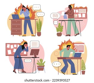 Set of people in fire. Angry or tired employees with psychological problems, stress and headaches. Men and women with emotional burnout. Cartoon flat vector collection isolated on white background