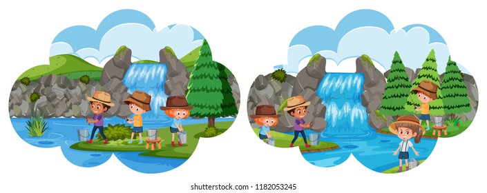 Set of people fishing scenes illustration