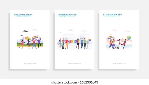 Set of people with flags in LGBTQ parade in city. Flat vector illustrations of homosexuals with rainbow hearts. Diversity, discrimination, freedom concept for banner, website design, landing web page