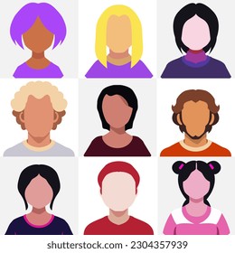 Set of people flat icons with simple faces and hairstyles, different ethnicity, hair style and color, user icons