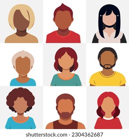 Set of people flat icons with simple faces and hairstyles, different ethnicity, hair style and color, user icons