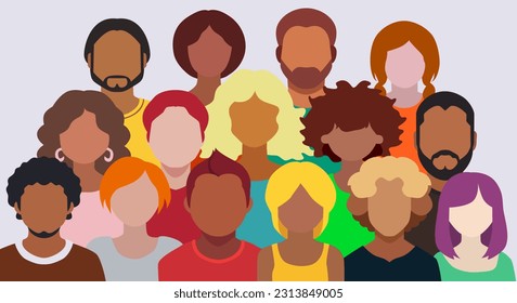 Set of people flat icons with simple faces and hairstyles, different ethnicity, hair style and color