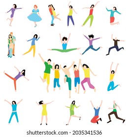 Se ubica con personas de estilo plano aisladas en un fondo blanco. Las chicas bailan, abrazan, saltan. Ilustración vectorial.