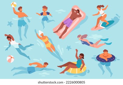 Set of people floating in sea or swimming pool. Young men, women and children in swimsuits relax, surf, swim and play ball in water. Active lifestyle. Cartoon flat vector illustration collection