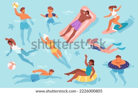 Set of people floating in sea or swimming pool. Young men, women and children in swimsuits relax, surf, swim and play ball in water. Active lifestyle. Cartoon flat vector illustration collection