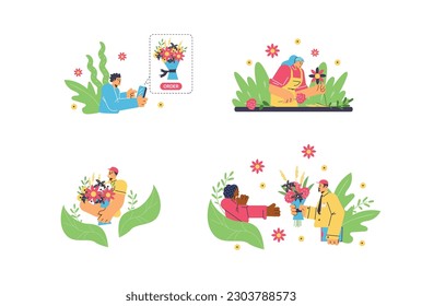 Set of people with flowers flat style, vector illustration isolated on white background. Flower delivery, online order, beautiful bouquets. Florist, delivery men and clients