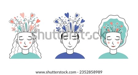 Set of people with flowers from the head.Man and woman on white background.Concept of mental health, calmness and balance, joy and love of life, harmony.Vector stock illustration.