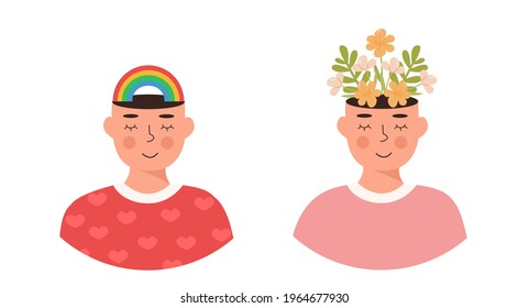 Set of people. Flowers and rainbow in head. Positive thinking, self care, spiritual healthy slow life. Falling in love. Meditation, mindfulness. Hippie. Gay. Mental health concept. Vector illustration