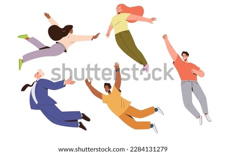 Set of people flying, floating or levitating in air feeling happy and free vector illustration