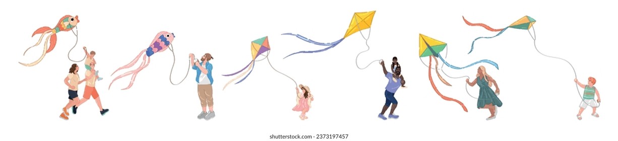 Set of people flying kites on white background