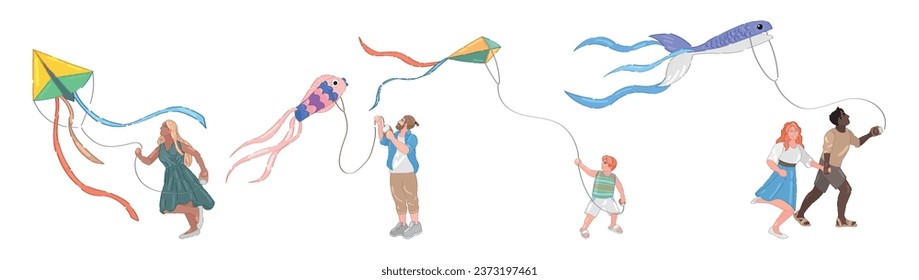 Set of people flying kites on white background