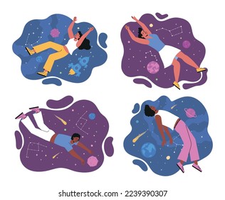 Set of people flying in space. Men and women floating in universe between stars. Exploration of new horizons, fantasy and creative thinking. Cartoon flat vector collection isolated on white background